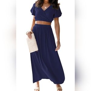 NWT MEROKEETY Women's 2 pc Outfit V Neck Puff Sleeve Crop Top & flowy maxi skirt